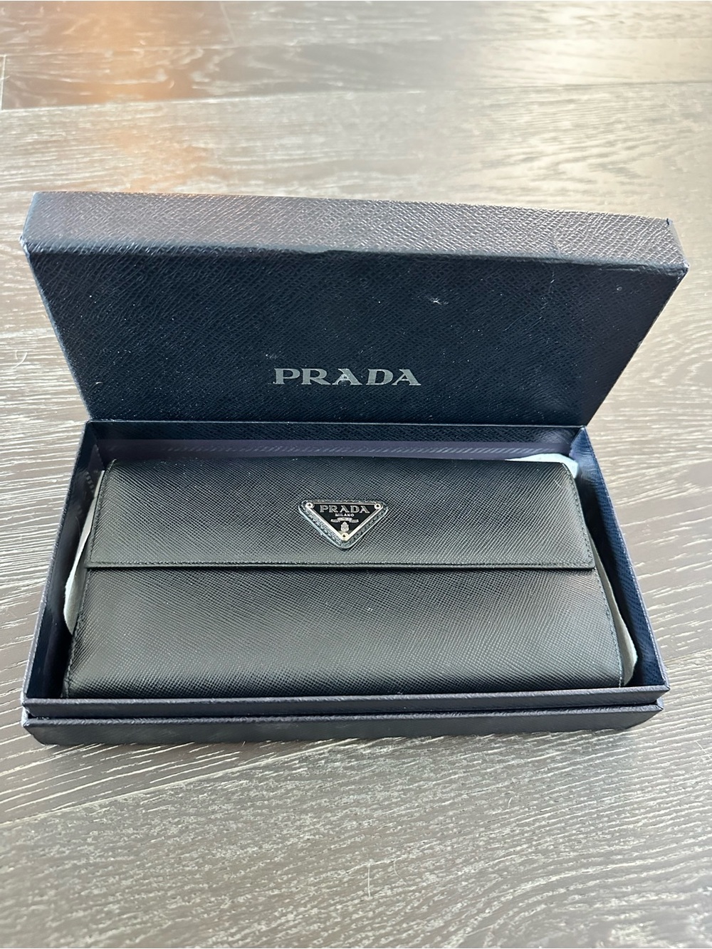 Prada Black Saffiano Leather Continental Wallet with Triangle Logo
